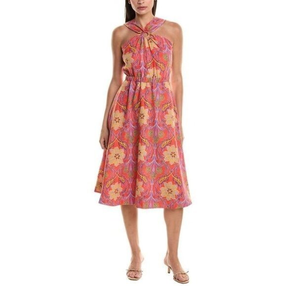 Tahari Asl Women's Jok Flame Multicolor Cutout Neck A-Line Midi Dress Sz 4 NWT - Picture 1 of 13